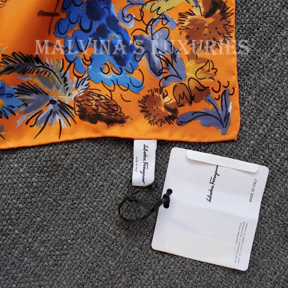 SALVATORE FERRAGAMO SCARF SIGNATURE FLOWER SEASON MULTICOLOR PRINT SILK 35" - Picture 13 of 14